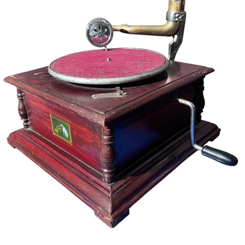 Vintage Gramophone used, His Master's Voice, functional with wooden base