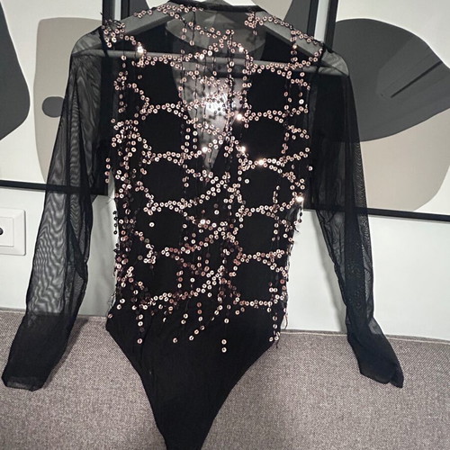 Women's black lace evening sequined bodysuit top size S-M new