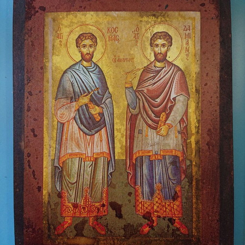 Christian icon Saints Anargyroi new 15.3x20.3 cm with hanger