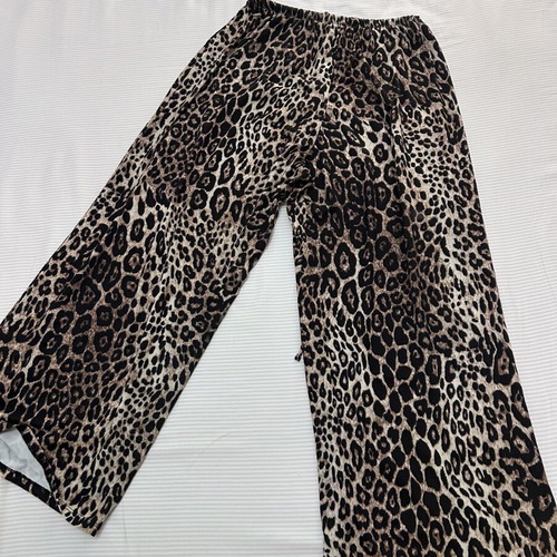 Leopard print palazzo pants with elastic waist and drawstring