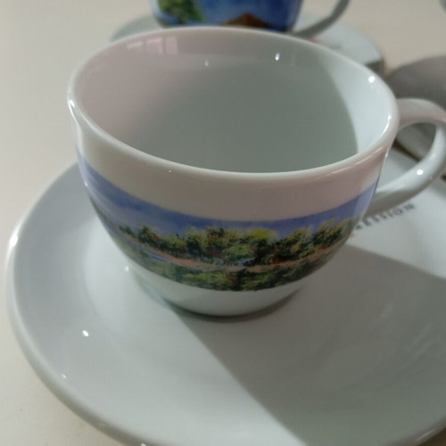 Lumidhs Coffee Cup and Saucer Set of 6 with Greek Landscapes and 6 White Italian Plates new