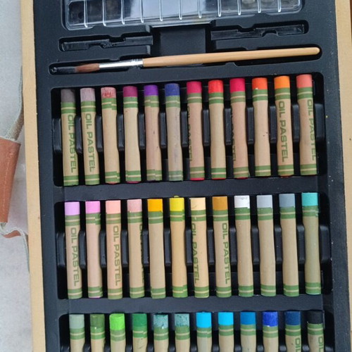 Wooden art set with pastels, colored pencils and oil paints like new