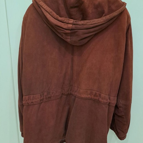 Men's suede jacket used, vintage brown-burgundy with hood, size M