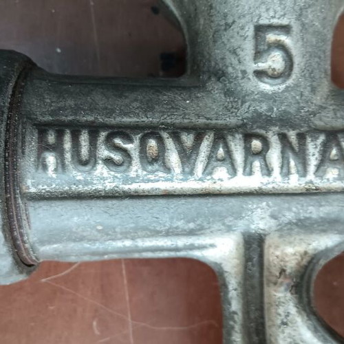 Husqvarna meat grinder used with 2 cutting heads, 1950s-1960s