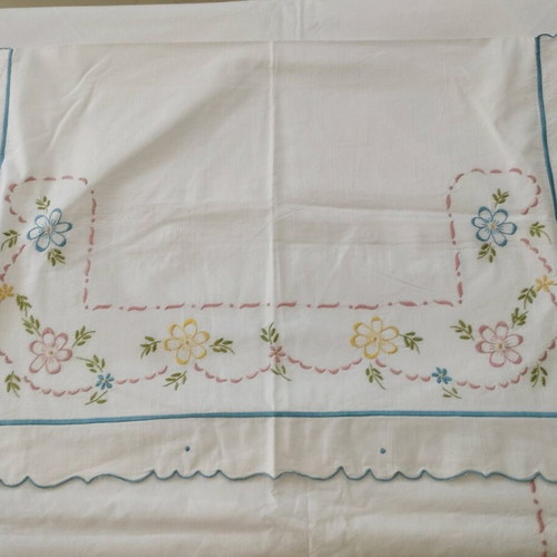 Handmade Double Bed Sheet Set with Pillowcases, Floral Embroidery, Like New