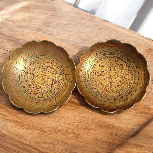 Indian brass coasters vintage, hand-engraved, like new