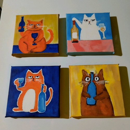 Set of 4 cat motif paintings on canvas, new