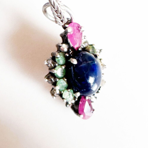 Vintage 925 Silver Pendant with Multicolored Stones and 9K Gold