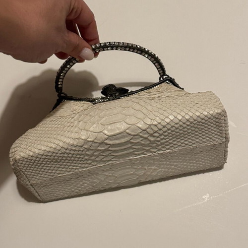 Vintage leather Besso evening bag with rhinestones like new, white