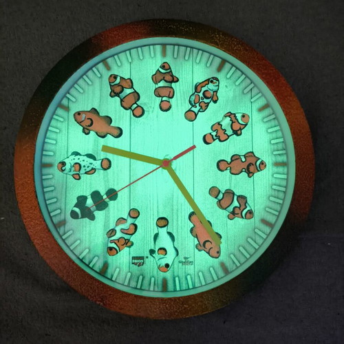 Glowing wall clock with clownfish, handmade