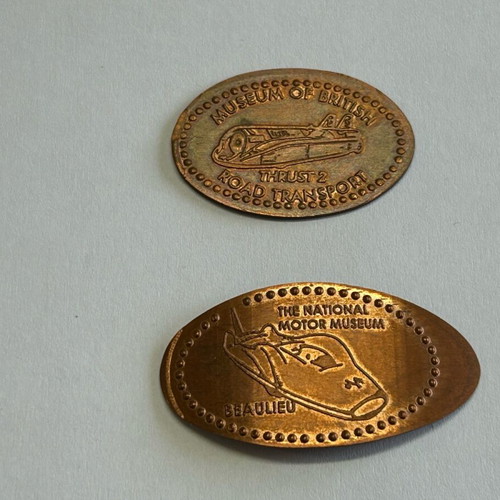 Souvenir coins used, pack of 2, British Museum Thrust 2 and National Motor Museum Beaulieu