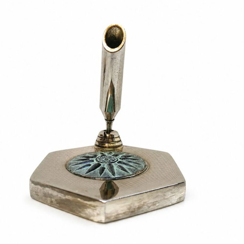 Vintage metal desk pen holder with Vergina Sun motif used