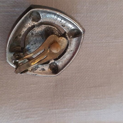 Vintage clip on earrings used, two pieces, red and silver