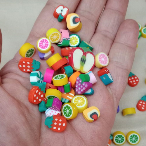 Fimo beads new with fruits, sweets and lollipops, 100 pieces