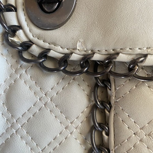 Quilted chain shoulder bag used, cream beige with decorative chains