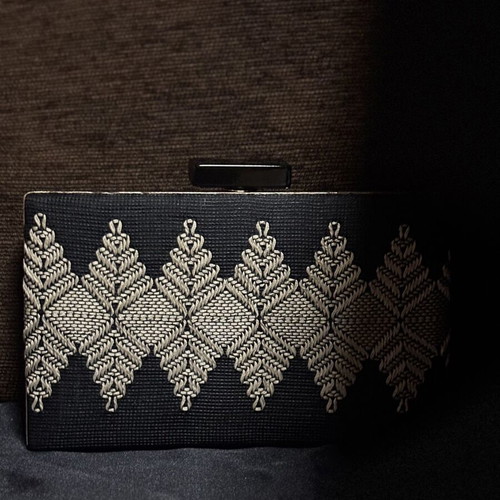 Handmade clutch bag with removable gold chain, black and beige
