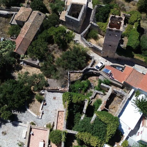 Kapetanospito building from 1876 in Areopoli Mani with sea view