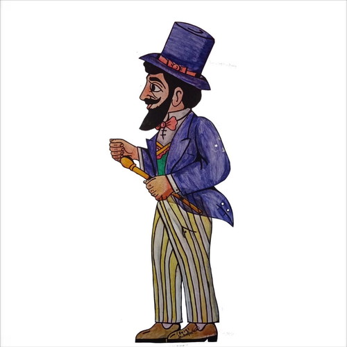 Nionios shadow theater figure used, glass enamel painted