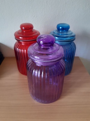 Glass jars for food storage like new, blue, purple and red