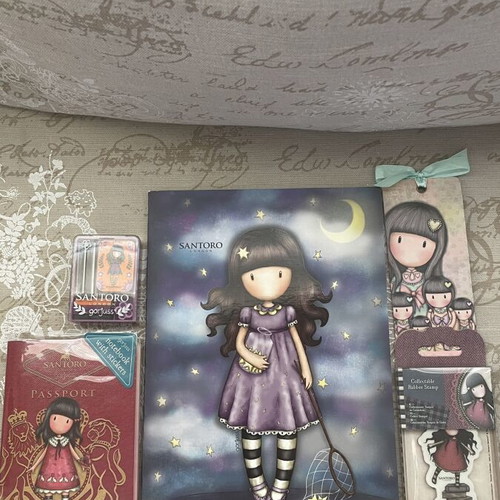 Santoro Gorjuss stationery set with notebook, stamp, erasers, bookmark