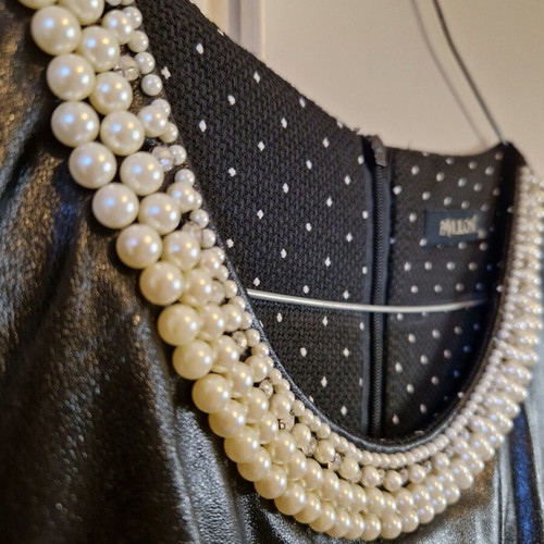 Black polka dot dress like new with leather details and pearls, size S
