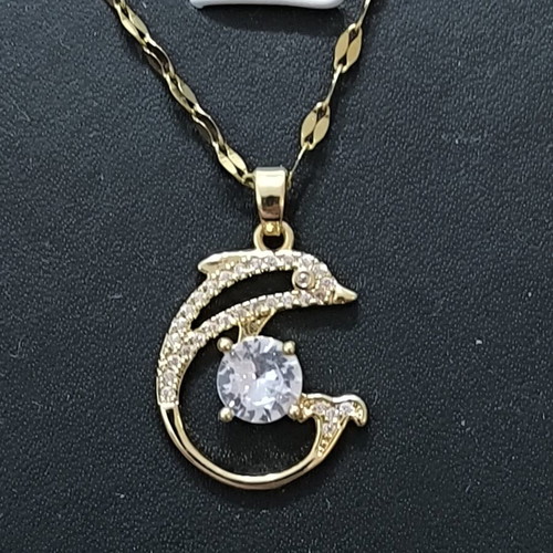 Necklace with dolphins and white stone, gold color