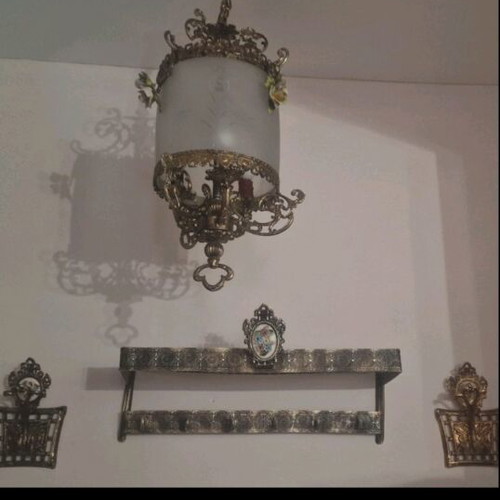 Antique Ceiling Light and Hangers Set with Porcelain Rosette, Like New, 4 Pieces
