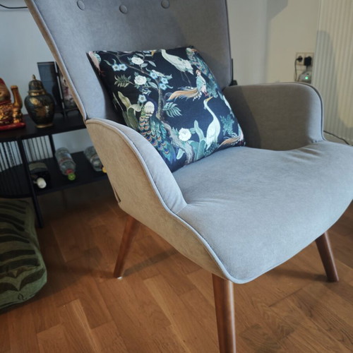 Armchair, stool and cushion set like new, beige fabric