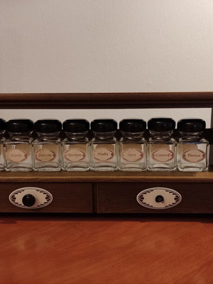 Vintage spice rack with 8 glass jars and 2 drawers EMSA from 1970