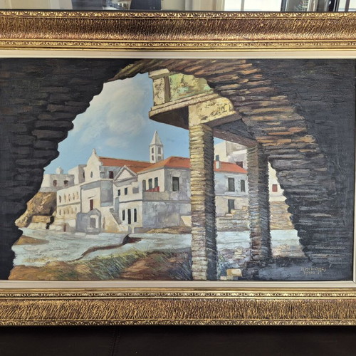 Oil painting "Tinos" by P. Menkos with golden frame