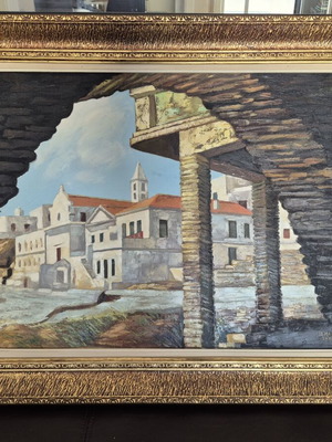 Oil painting "Tinos" by P. Menkos with golden frame