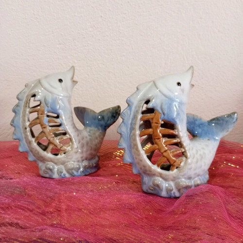 Set of 2 ceramic fish tealight holders new