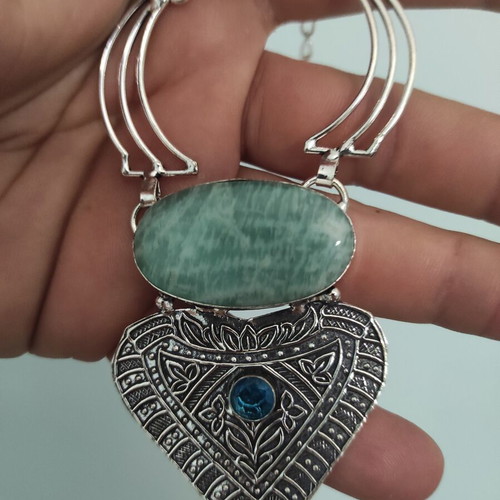 Ethnic Necklace with Amazonite and Topaz, New, Silver and Turquoise