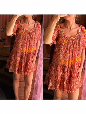 Boho φόρεμα tunic one size σαν καινούργιο με ethnic print και πέτρες