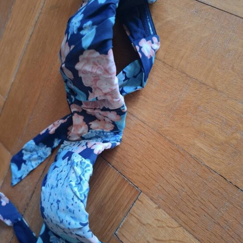 Oysho bandeau bikini top, dark blue with floral pattern