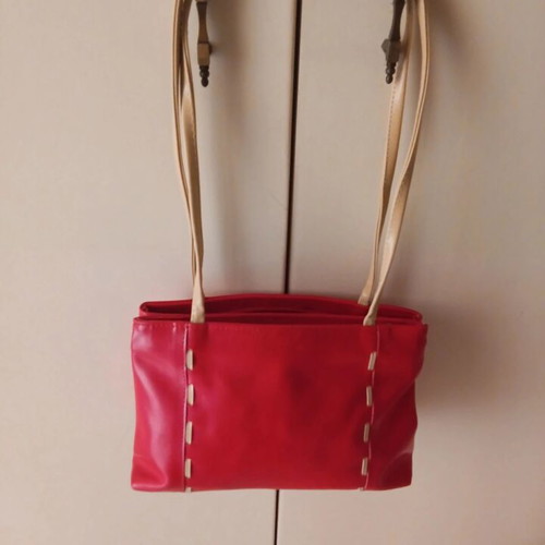 Shoulder bag leatherette like new, beige and red, 16x26cm