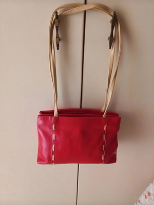 Shoulder bag leatherette like new, beige and red, 16x26cm