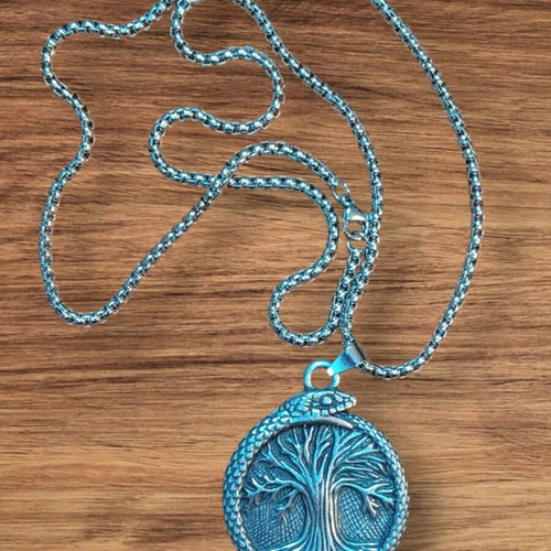 Tree of Life and Snake pendant with new steel chain 60 cm
