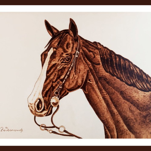 Horse portrait pyrography painting on linden wood