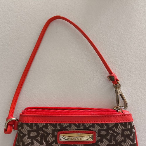 DKNY wristlet bag wallet in grey brown with red trim