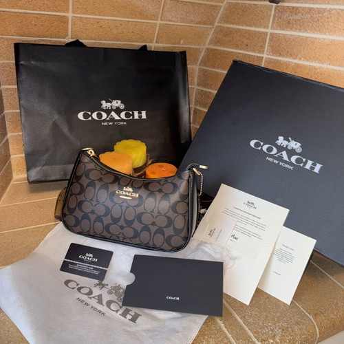 Coach Teri Signature Canvas Shoulder Bag used, dark brown and black