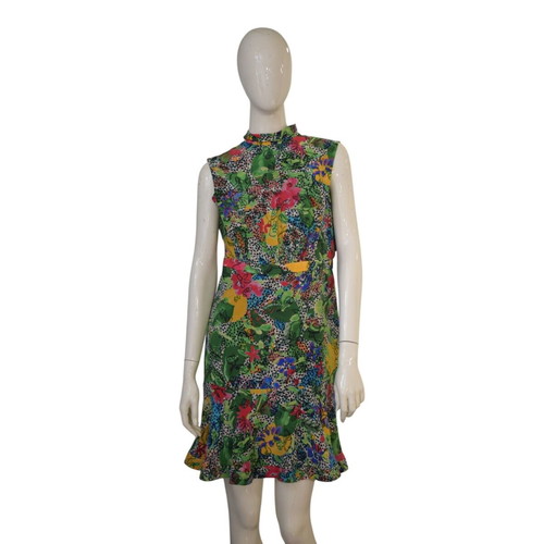 Saloni 100% Silk Green Floral Dress with High Neck & Ruffle, US 8 UK 12