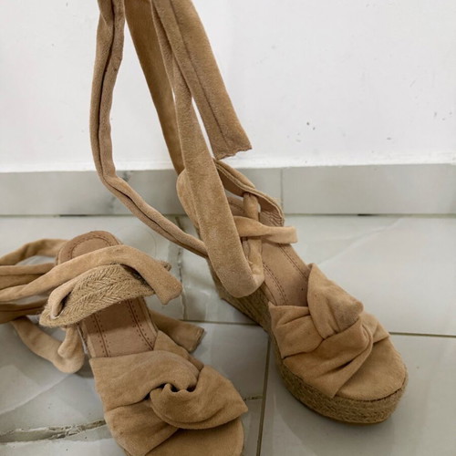 Beige platform sandals with ankle ties size 36 used