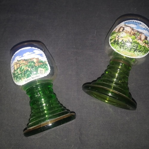 Vintage German Roemer shot glasses with Hohen-Neuffen castle design, set of 2
