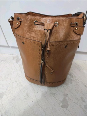 Leather Bucket Shoulder Bag Brown Like New With Many Pockets