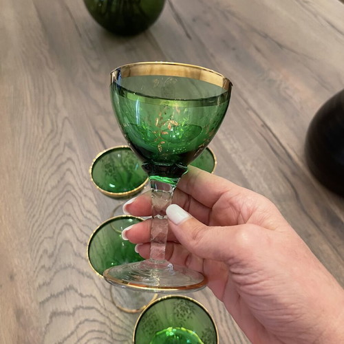 Antique green liqueur glasses with gold decoration, like new