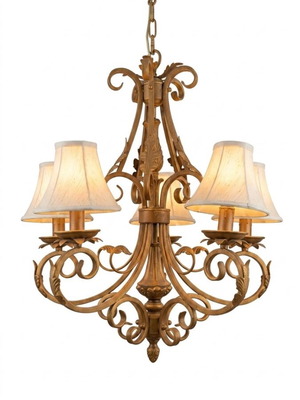 Classic five-light chandelier with fabric lampshades, bronze finish