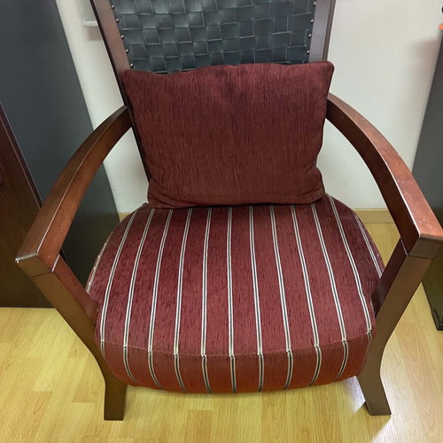 Living room armchair with woven leather back used, solid wood frame