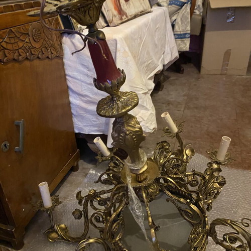 Vintage brass chandelier with porcelain, 8 lights, used