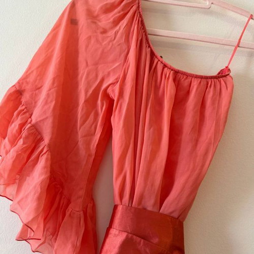 Coral one shoulder silk dress like new with ruffles and satin belt